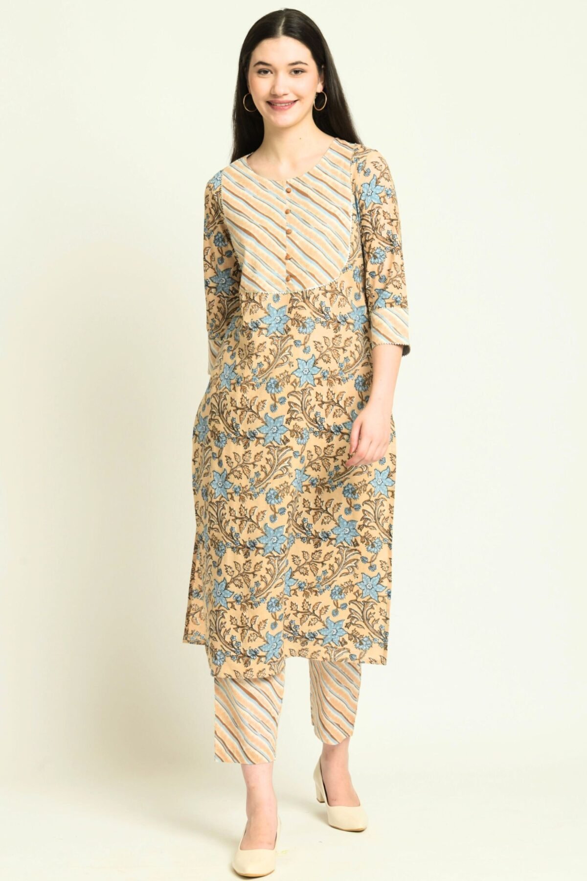 Women's Beige and Ice Blue Straight kurta with pant Set