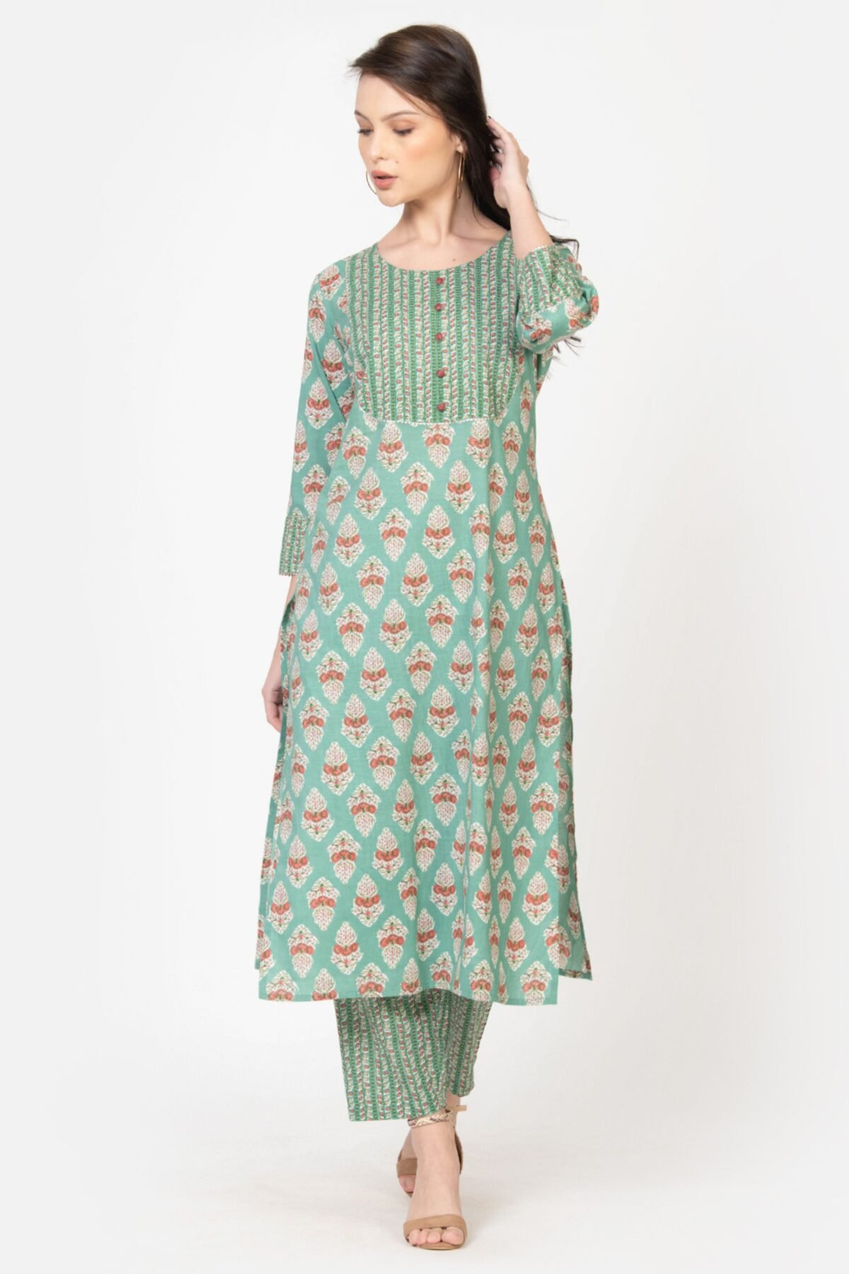 Women's Mughal Buta print in Green Straight kurta with pant Set