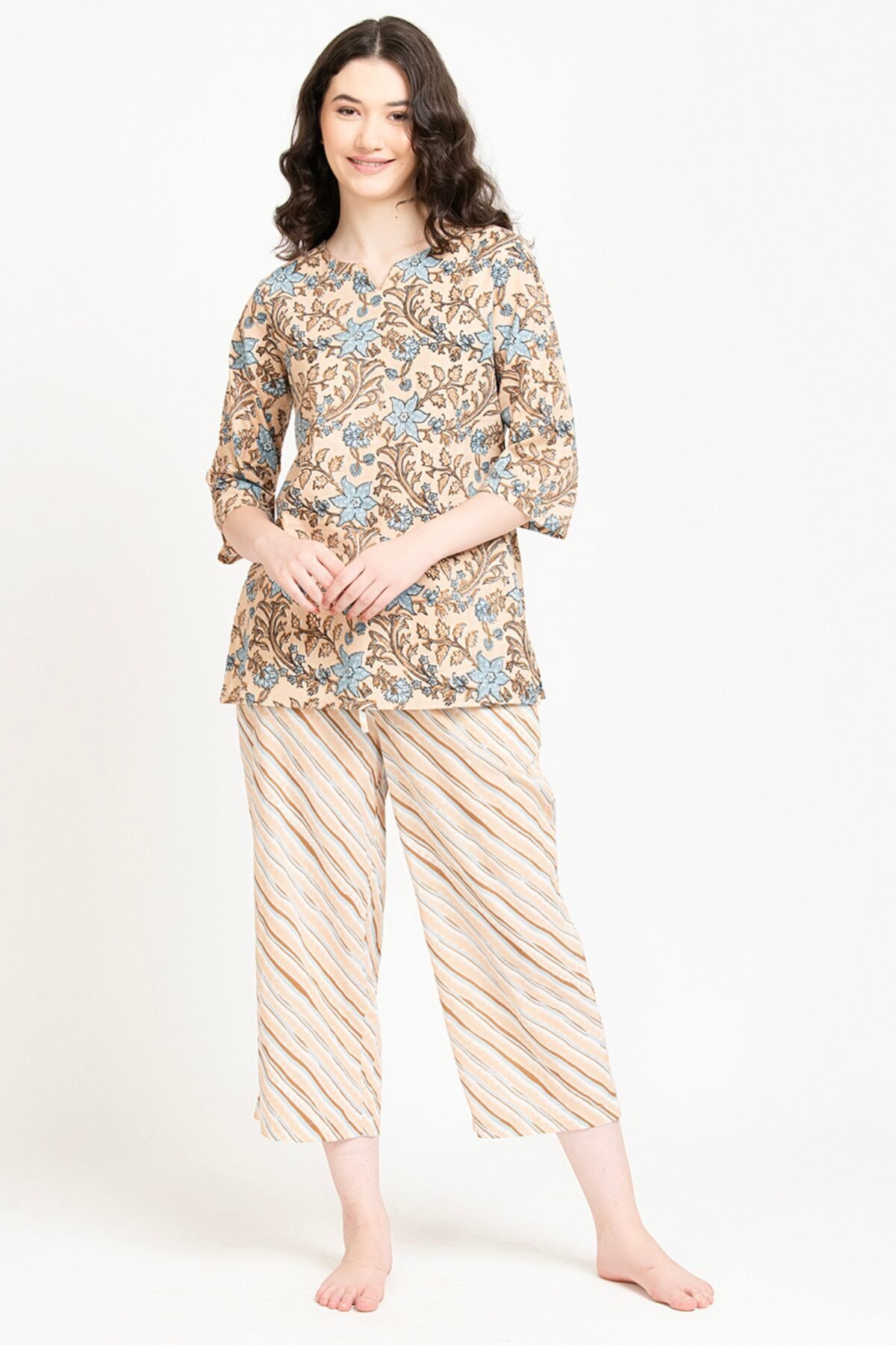 Women's Beige and Ice Blue Jaal Pajama set